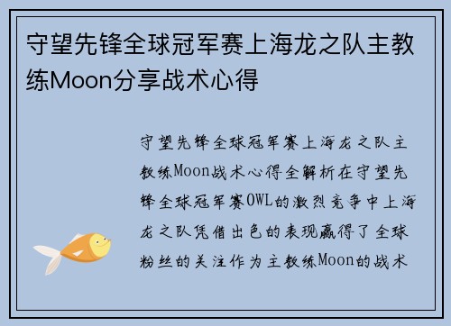 守望先锋全球冠军赛上海龙之队主教练Moon分享战术心得