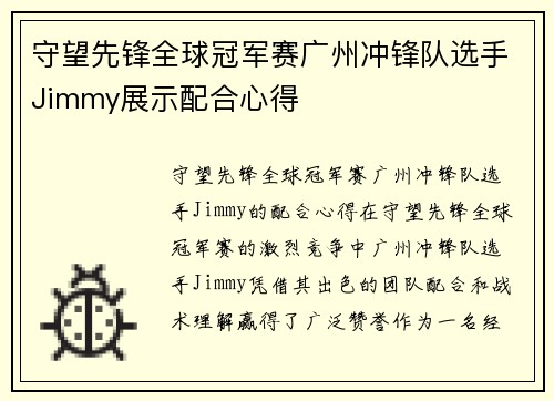 守望先锋全球冠军赛广州冲锋队选手Jimmy展示配合心得